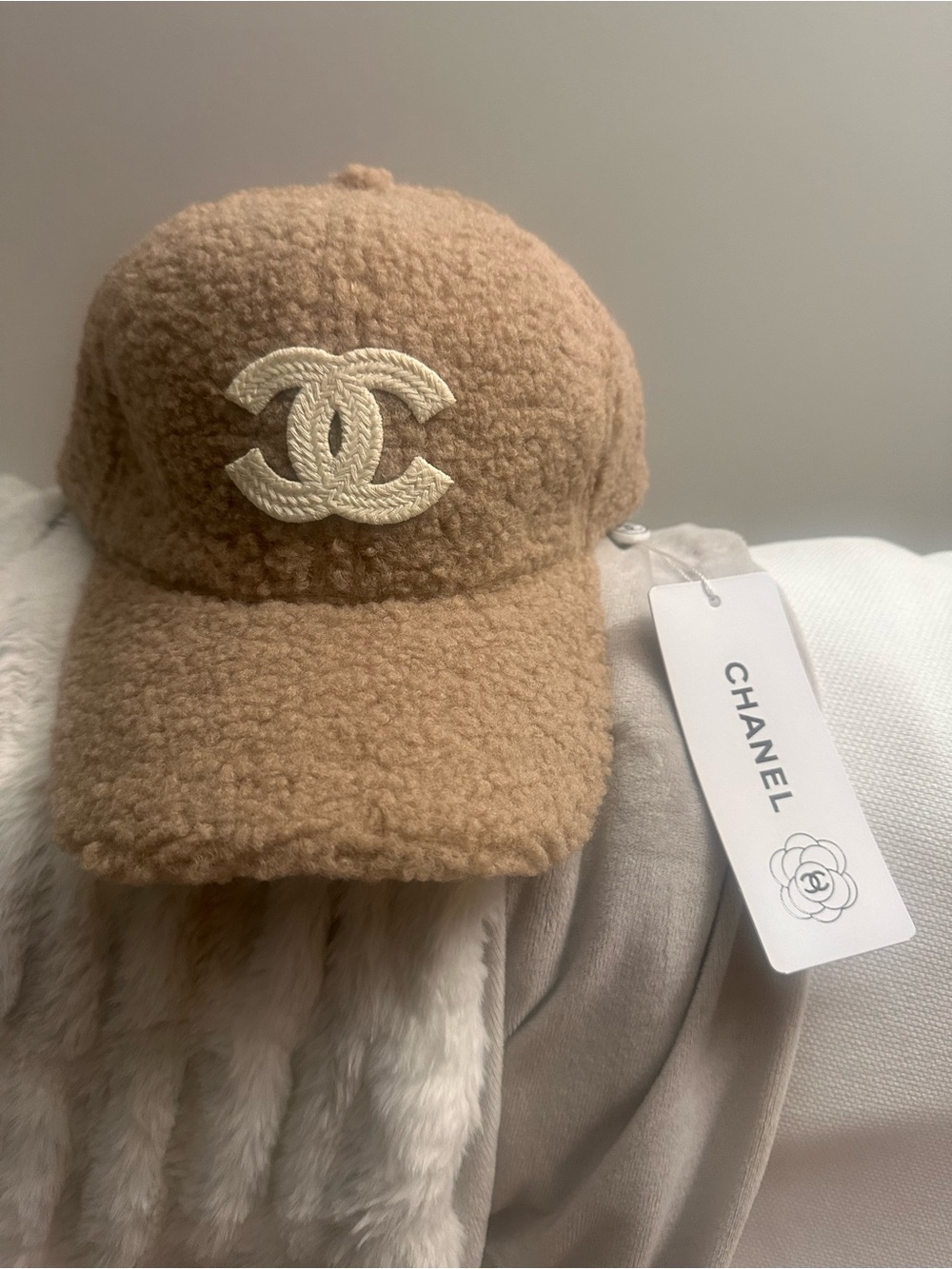 CHANEL Camel Bouclé CC Logo Baseball Cap